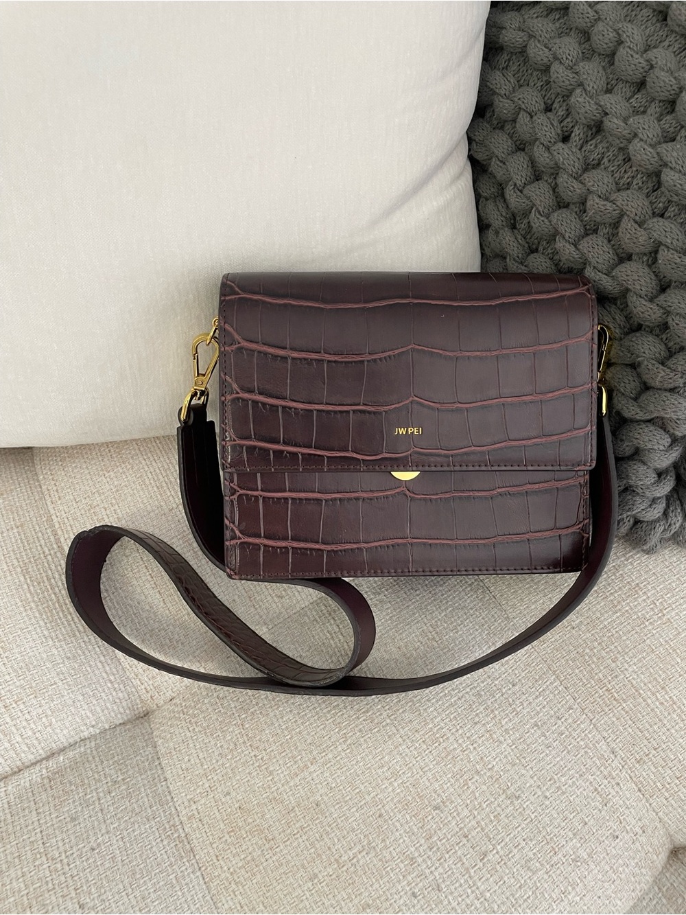JW PEI Mini Flap Crossbody - Burgundy Brown Croc EUC w/ Callout
